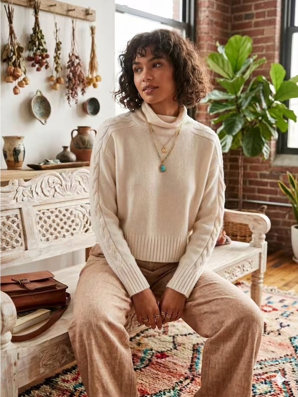Anthropologie Cashmere Sweater Ivory Long Sleeve Pullover Cowl Turtleneck XS